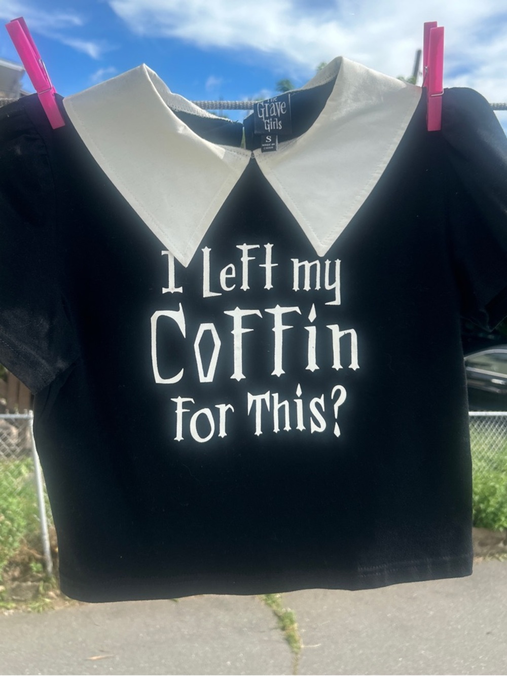 The Grave Girls x Dollskill black graphic crop top coffin white collar s